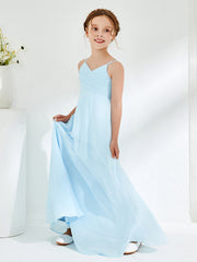 V-neck Spaghetti Straps Floor-length Junior Bridesmaid Dresses Sky Blue