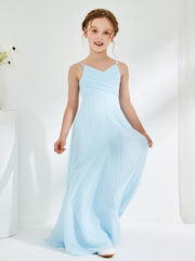 V-neck Spaghetti Straps Floor-length Junior Bridesmaid Dresses Sky Blue