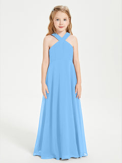 Junior Bridesmaid Dresses Grecian Neckline Floor Length Blue