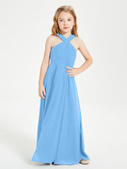 Junior Bridesmaid Dresses Grecian Neckline Floor Length Blue