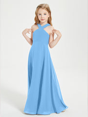 Junior Bridesmaid Dresses Grecian Neckline Floor Length Blue
