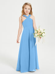 Junior Bridesmaid Dresses Grecian Neckline Floor Length Blue