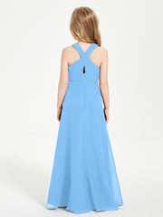 Junior Bridesmaid Dresses Grecian Neckline Floor Length Blue