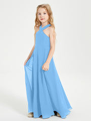 Junior Bridesmaid Dresses Grecian Neckline Floor Length Blue