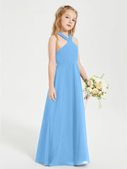 Junior Bridesmaid Dresses Grecian Neckline Floor Length Blue