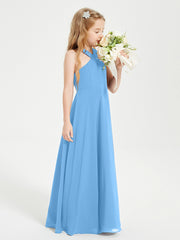 Junior Bridesmaid Dresses Grecian Neckline Floor Length Blue