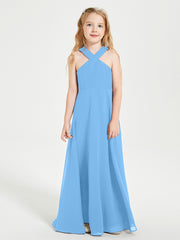 Junior Bridesmaid Dresses Grecian Neckline Floor Length Blue