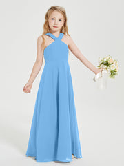 Junior Bridesmaid Dresses Grecian Neckline Floor Length Blue