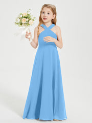 Junior Bridesmaid Dresses Grecian Neckline Floor Length Blue