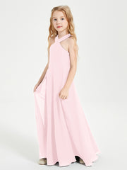 Junior Bridesmaid Dresses Grecian Neckline Floor Length Blushing Pink