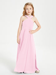Junior Bridesmaid Dresses Grecian Neckline Floor Length Candy Pink