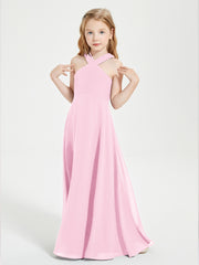 Junior Bridesmaid Dresses Grecian Neckline Floor Length Candy Pink