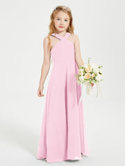 Junior Bridesmaid Dresses Grecian Neckline Floor Length Candy Pink