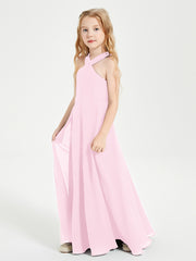 Junior Bridesmaid Dresses Grecian Neckline Floor Length Candy Pink