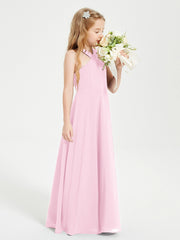 Junior Bridesmaid Dresses Grecian Neckline Floor Length Candy Pink