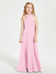 Junior Bridesmaid Dresses Grecian Neckline Floor Length Candy Pink