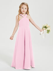 Junior Bridesmaid Dresses Grecian Neckline Floor Length Candy Pink