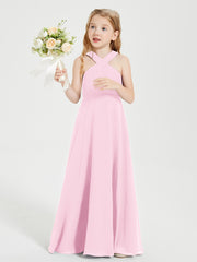 Junior Bridesmaid Dresses Grecian Neckline Floor Length Candy Pink