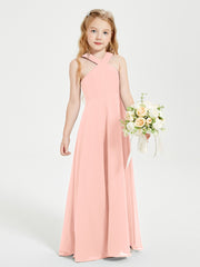 Junior Bridesmaid Dresses Grecian Neckline Floor Length Coral