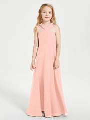 Junior Bridesmaid Dresses Grecian Neckline Floor Length Coral