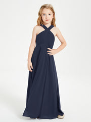 Junior Bridesmaid Dresses Grecian Neckline Floor Length Dark Navy