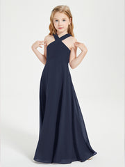 Junior Bridesmaid Dresses Grecian Neckline Floor Length Dark Navy