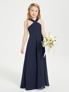 Junior Bridesmaid Dresses Grecian Neckline Floor Length Dark Navy