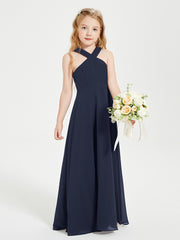 Junior Bridesmaid Dresses Grecian Neckline Floor Length Dark Navy