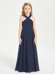 Junior Bridesmaid Dresses Grecian Neckline Floor Length Dark Navy