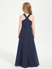 Junior Bridesmaid Dresses Grecian Neckline Floor Length Dark Navy