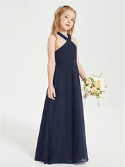 Junior Bridesmaid Dresses Grecian Neckline Floor Length Dark Navy