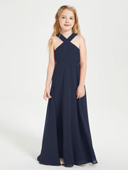 Junior Bridesmaid Dresses Grecian Neckline Floor Length Dark Navy
