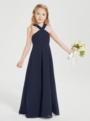 Junior Bridesmaid Dresses Grecian Neckline Floor Length Dark Navy