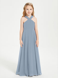 Junior Bridesmaid Dresses Grecian Neckline Floor Length Dusty Blue