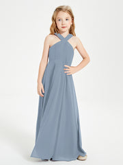 Junior Bridesmaid Dresses Grecian Neckline Floor Length Dusty Blue