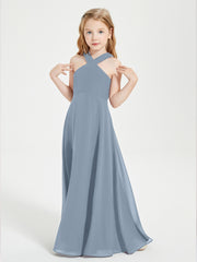 Junior Bridesmaid Dresses Grecian Neckline Floor Length Dusty Blue