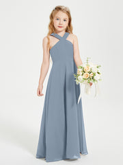 Junior Bridesmaid Dresses Grecian Neckline Floor Length Dusty Blue