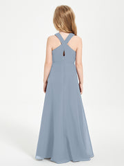 Junior Bridesmaid Dresses Grecian Neckline Floor Length Dusty Blue