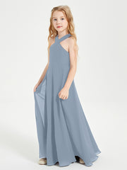 Junior Bridesmaid Dresses Grecian Neckline Floor Length Dusty Blue