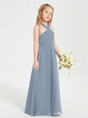 Junior Bridesmaid Dresses Grecian Neckline Floor Length Dusty Blue