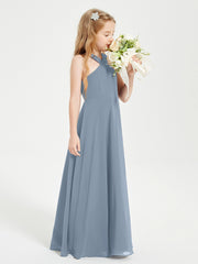 Junior Bridesmaid Dresses Grecian Neckline Floor Length Dusty Blue