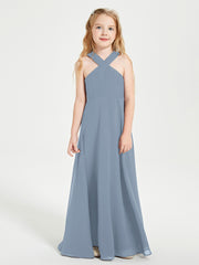 Junior Bridesmaid Dresses Grecian Neckline Floor Length Dusty Blue