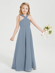 Junior Bridesmaid Dresses Grecian Neckline Floor Length Dusty Blue