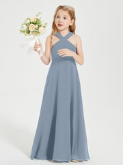 Junior Bridesmaid Dresses Grecian Neckline Floor Length Dusty Blue
