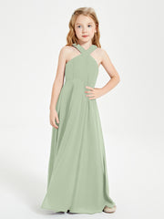 Junior Bridesmaid Dresses Grecian Neckline Floor Length Dusty Sage