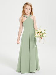 Junior Bridesmaid Dresses Grecian Neckline Floor Length Dusty Sage