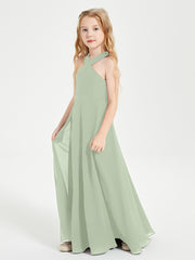 Junior Bridesmaid Dresses Grecian Neckline Floor Length Dusty Sage