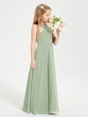 Junior Bridesmaid Dresses Grecian Neckline Floor Length Dusty Sage