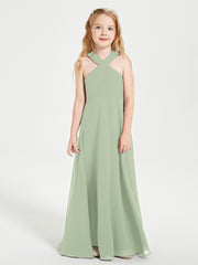 Junior Bridesmaid Dresses Grecian Neckline Floor Length Dusty Sage