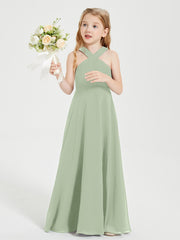 Junior Bridesmaid Dresses Grecian Neckline Floor Length Dusty Sage